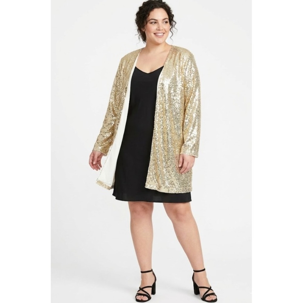 Isaac Mizrahi Goldโ Sequin Cardigan XL Gold Open Front Party Glam Jacket